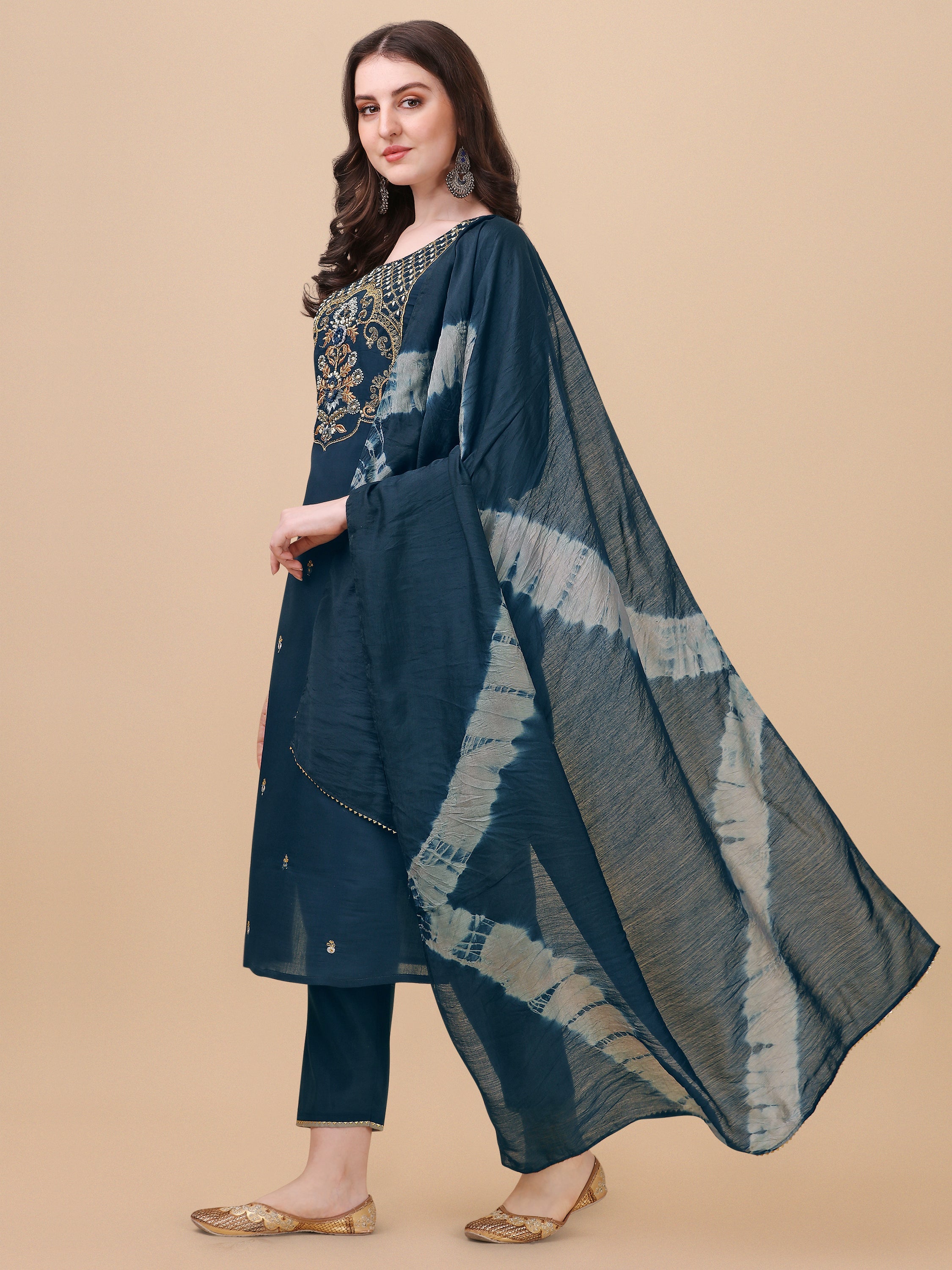 Embroidered Kurta With Pant And Dupatta Set, Multicolor - Hiral Fashion - Dista