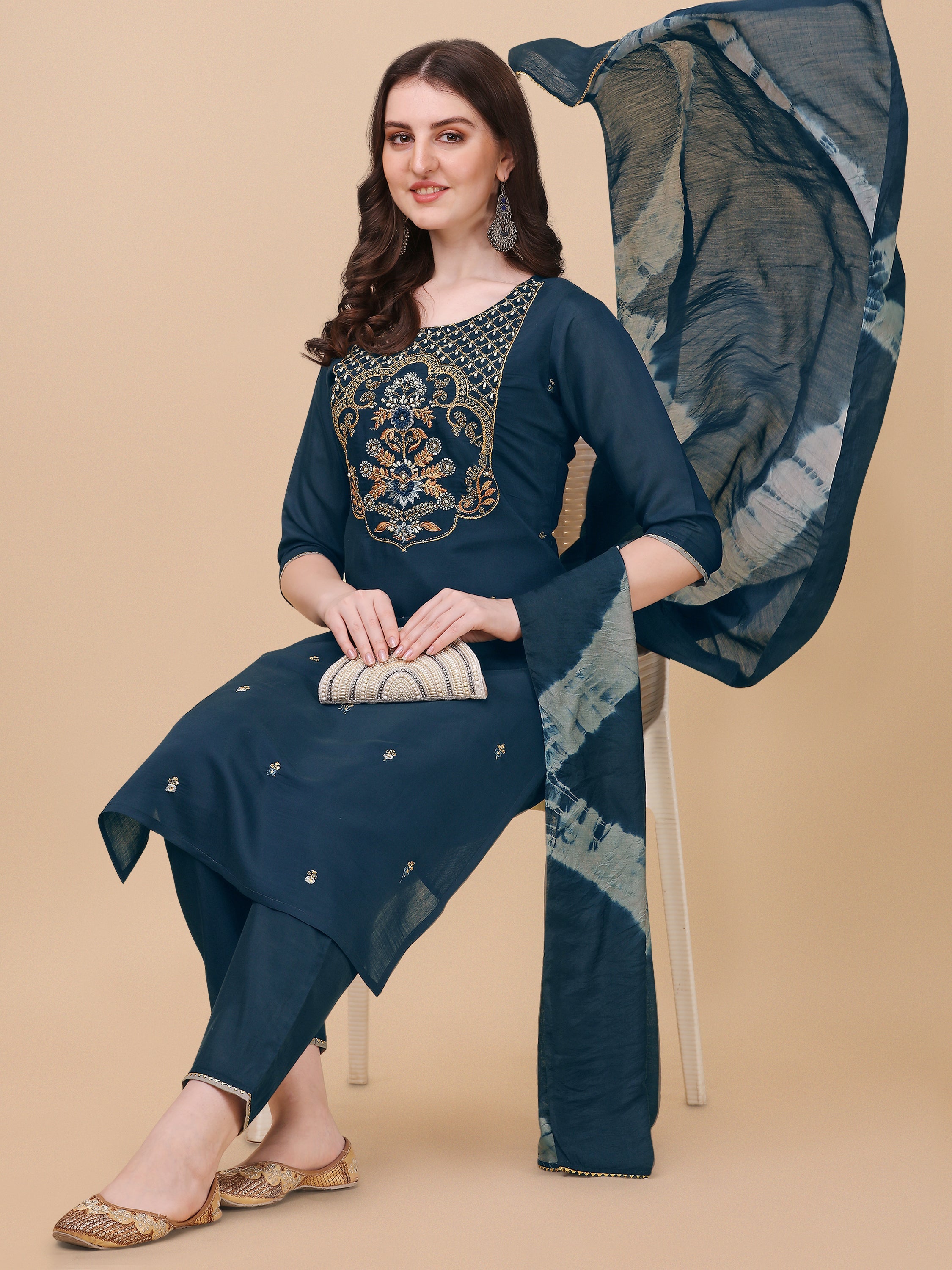 Embroidered Kurta With Pant And Dupatta Set, Multicolor - Hiral Fashion - Dista