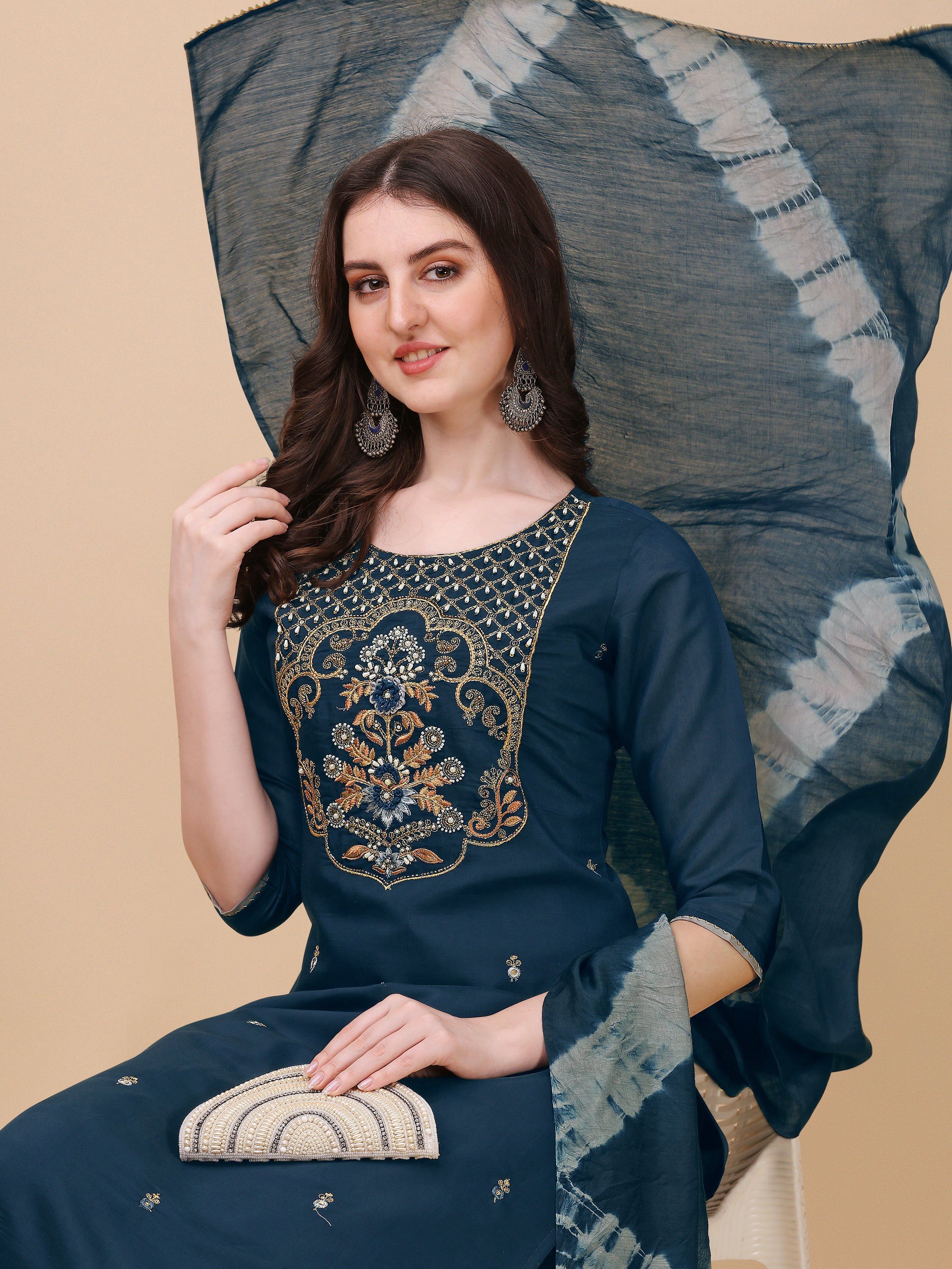 Embroidered Kurta With Pant And Dupatta Set, Multicolor - Hiral Fashion - Dista