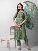 Thumbnail for Embroidered Rayon Sequined Green Kurta With Pant & Dupatta Set Premium, Multicolor - Hiral Fashion - Distacart
