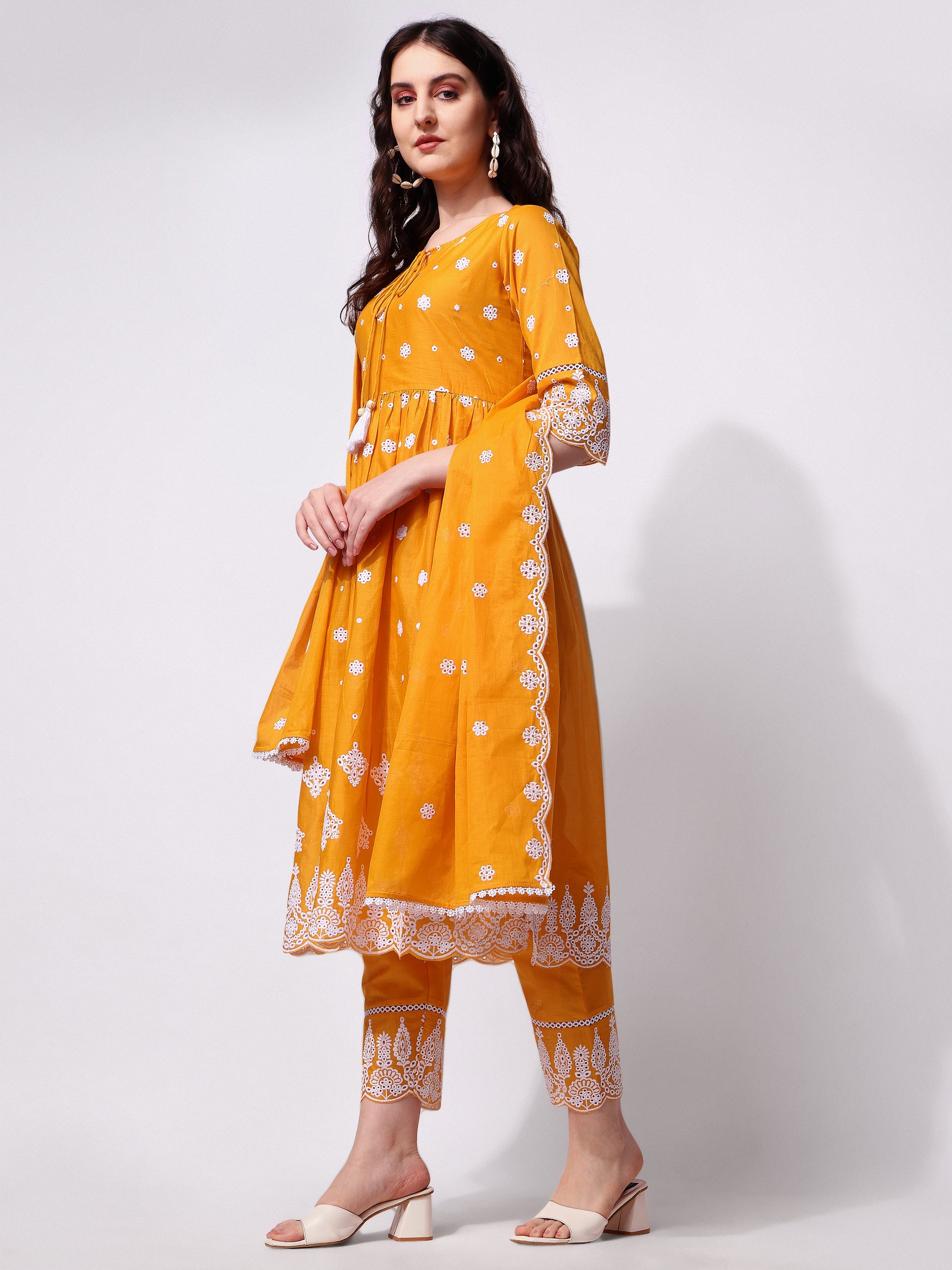 Nayra Cut Chikankari Embroidered Kurta With Pant And Dupatta Set, Multicolor - Hiral Fashion - Dista