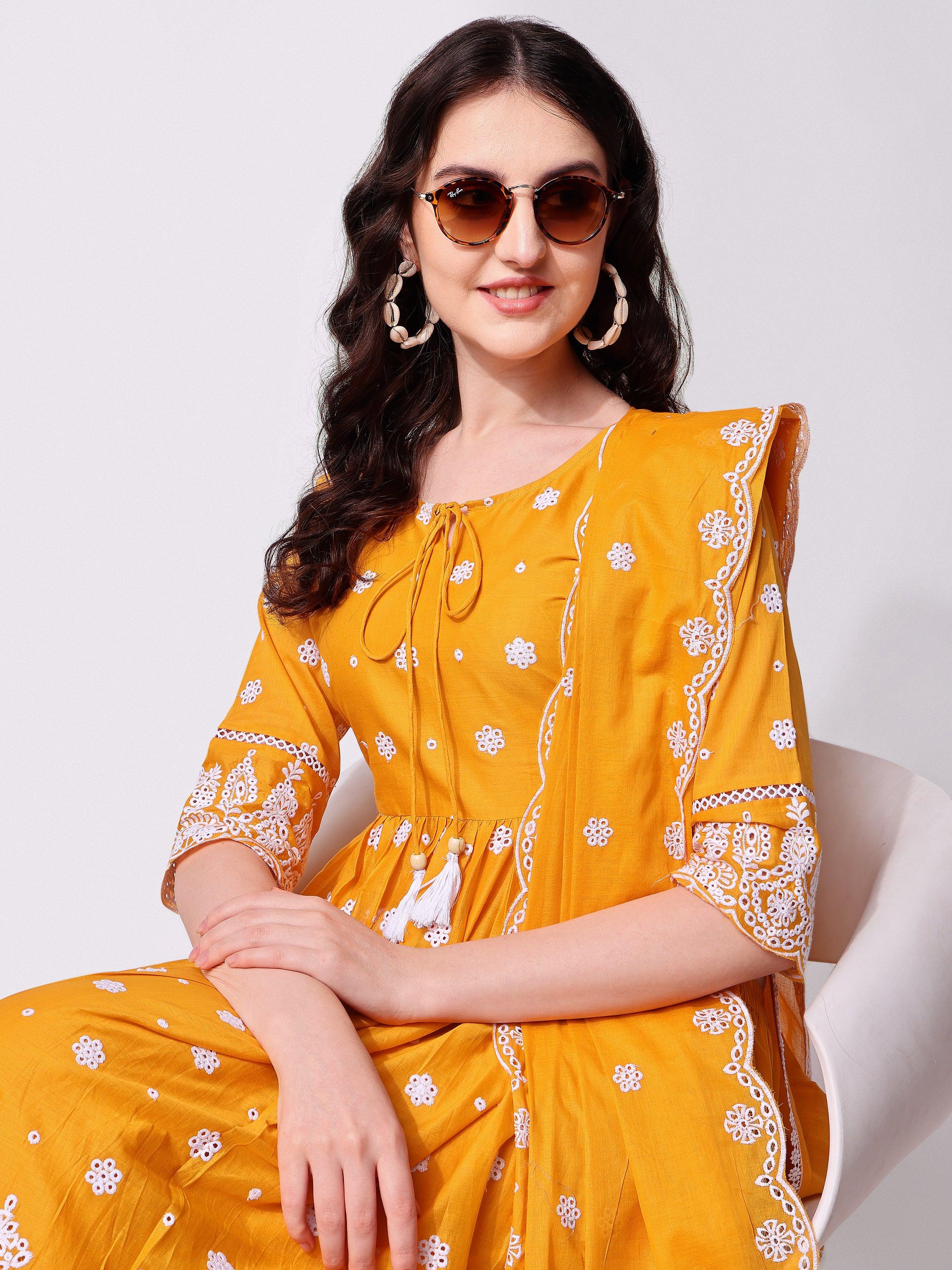 Nayra Cut Chikankari Embroidered Kurta With Pant And Dupatta Set, Multicolor - Hiral Fashion - Dista
