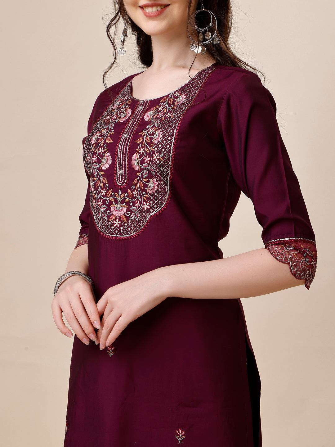 Hand Embroidered Kurta With Pant And Organza Printed Dupatta Set, Multicolor - Hiral Fashion - Dista