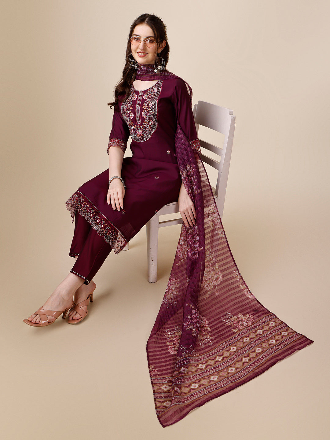 Hand Embroidered Kurta With Pant And Organza Printed Dupatta Set, Multicolor - Hiral Fashion - Dista