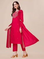 Thumbnail for Chanderi Hot Pink Kurta With Pant And Dupatta Set, Multicolor - Hiral Fashion - Distacart