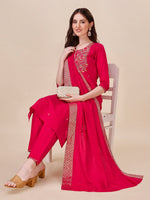 Thumbnail for Chanderi Hot Pink Kurta With Pant And Dupatta Set, Multicolor - Hiral Fashion - Distacart