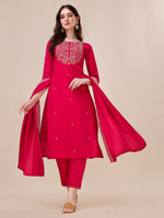 Thumbnail for Chanderi Hot Pink Kurta With Pant And Dupatta Set, Multicolor - Hiral Fashion - Distacart