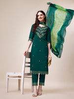 Thumbnail for Hand Embroidered Chanderi Kurta With Pant And Dupatta Set Premium, Multicolor - Hiral Fashion - Distacart