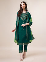 Thumbnail for Hand Embroidered Chanderi Kurta With Pant And Dupatta Set Premium, Multicolor - Hiral Fashion - Distacart