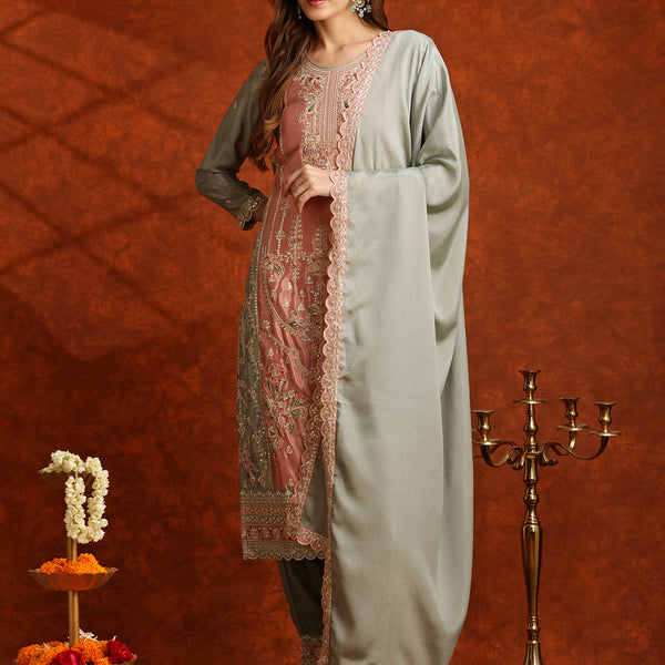 Pakistani Embroidered Kurta With Pant & Embroidered Dupatta, Green - Hiral Fashion - Distacart