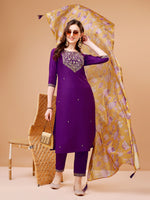 Thumbnail for Embroidered Kurta With Pant & Printed Organza Dupatta Premium, Multicolor - Hiral Fashion - Distacart