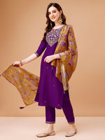 Thumbnail for Embroidered Kurta With Pant & Printed Organza Dupatta Premium, Multicolor - Hiral Fashion - Distacart