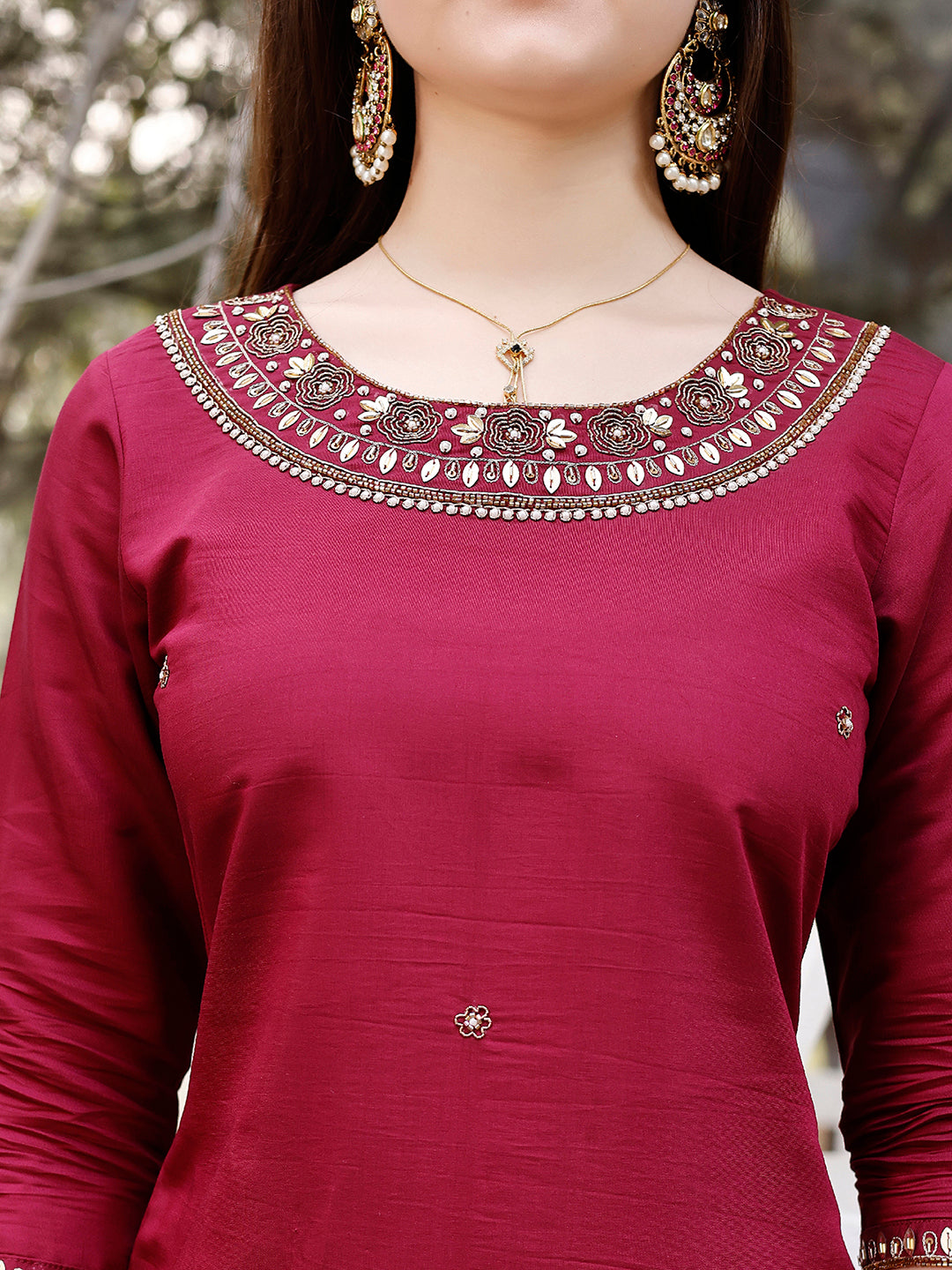 Hand Embroidered Kurta With Pant & Banarasi Jacquard Dupatta, Multicolor - Hiral Fashion - Dista