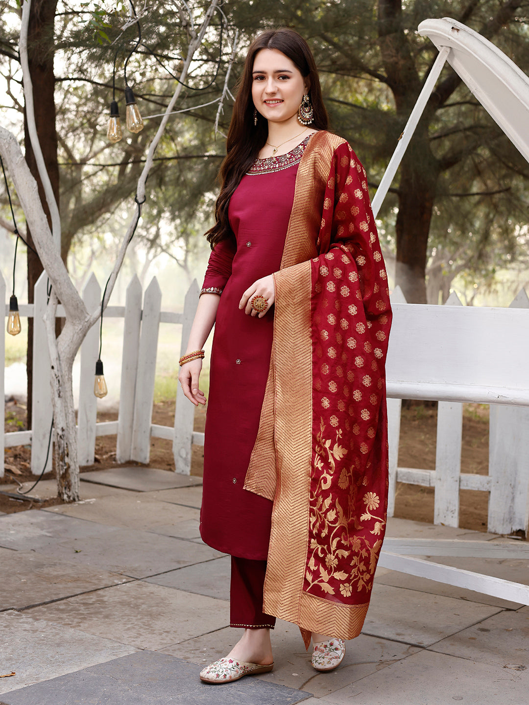 Hand Embroidered Kurta With Pant & Banarasi Jacquard Dupatta, Multicolor - Hiral Fashion - Dista
