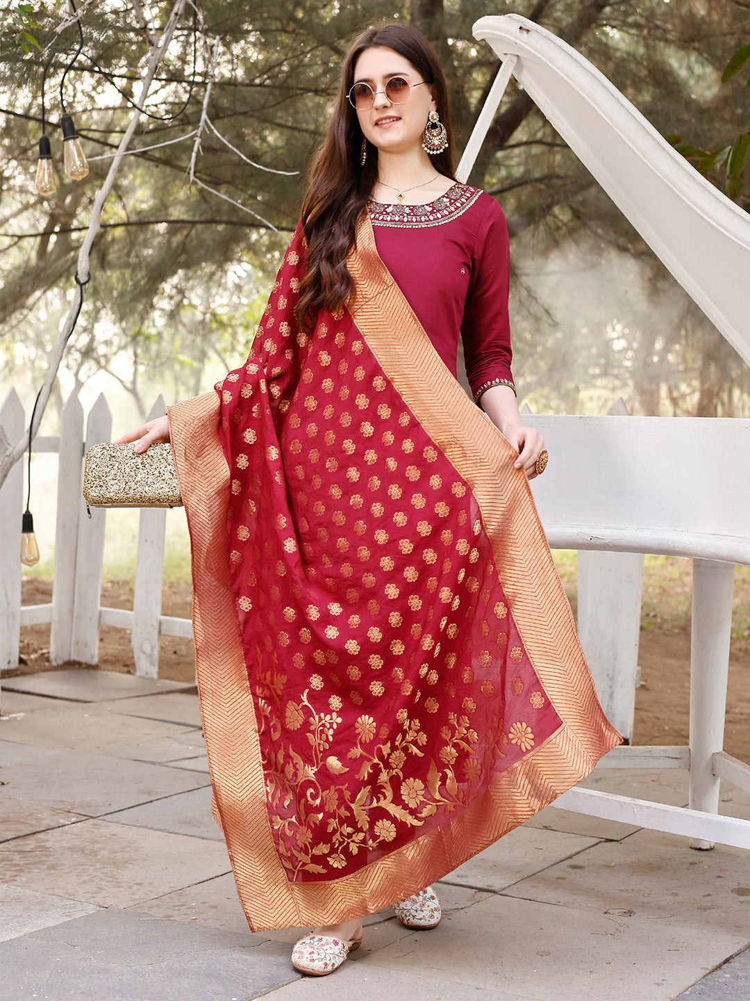 Hand Embroidered Kurta With Pant & Banarasi Jacquard Dupatta, Multicolor - Hiral Fashion - Dista