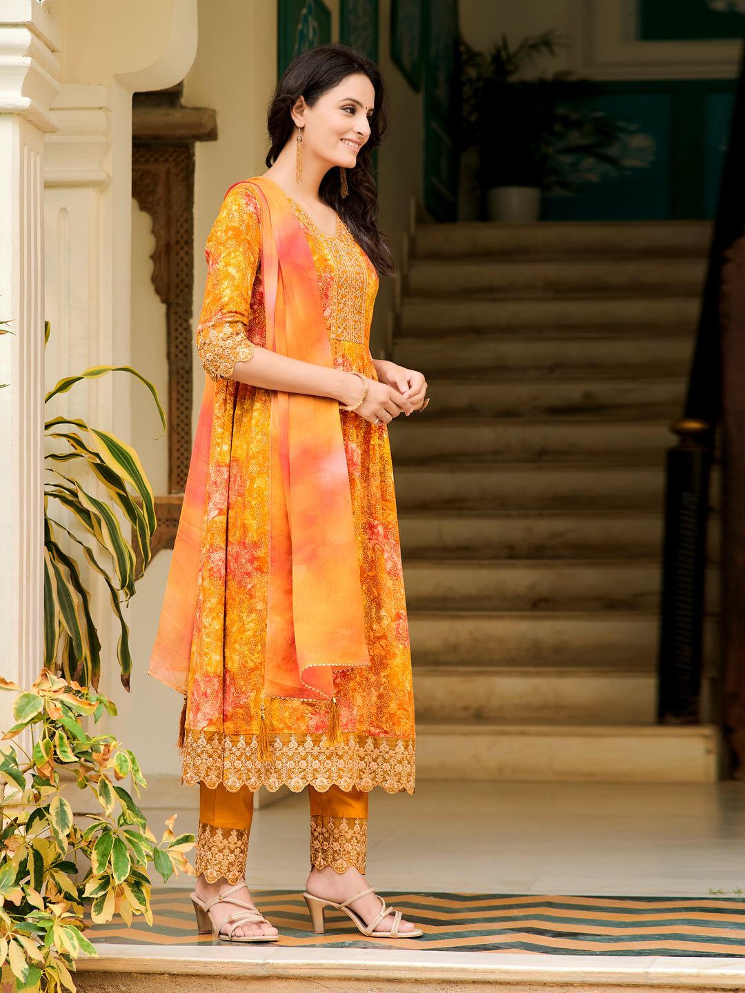 Nyra Cut Embroidered & Printed Kurta With Pant & Dupatta, Mustard - Hiral Fashion - Dista