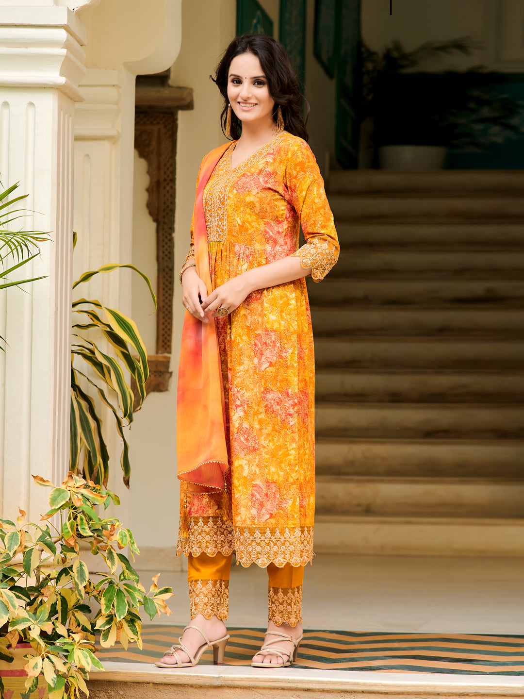 Nyra Cut Embroidered & Printed Kurta With Pant & Dupatta, Mustard - Hiral Fashion - Dista