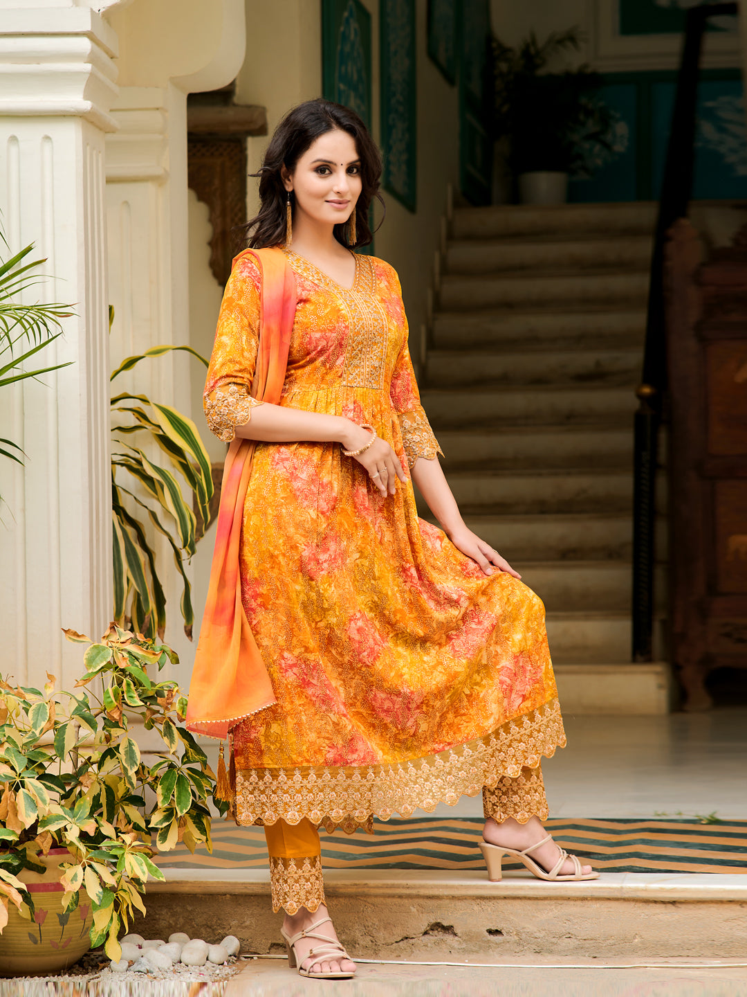 Nyra Cut Embroidered & Printed Kurta With Pant & Dupatta, Mustard - Hiral Fashion - Dista