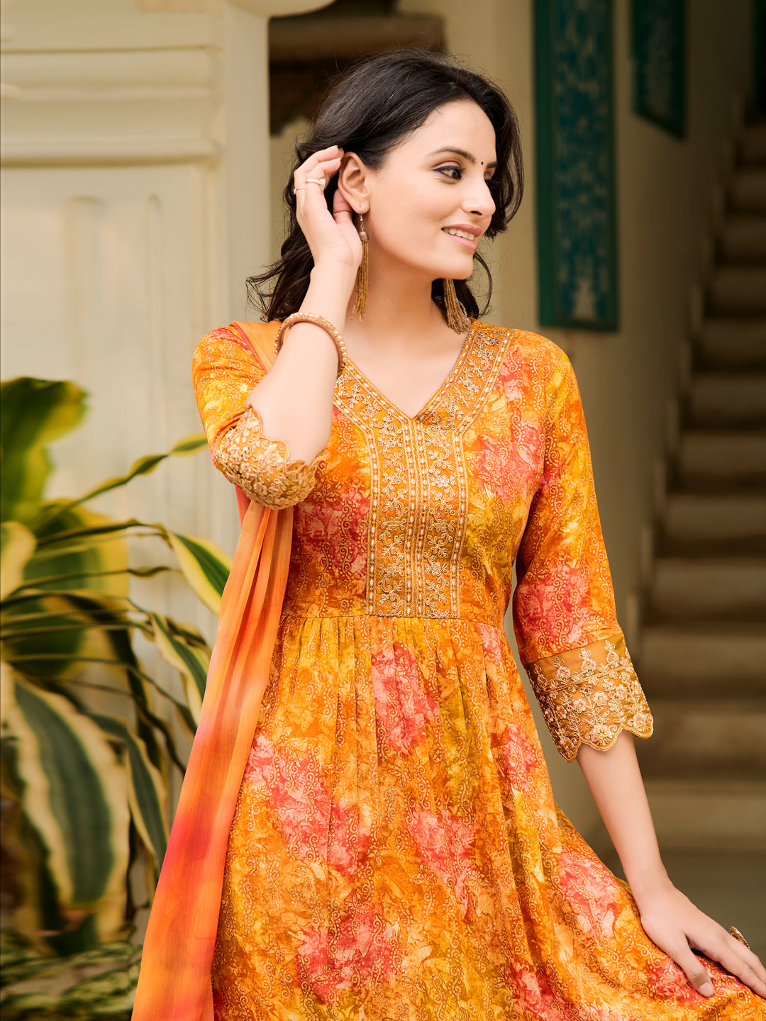 Nyra Cut Embroidered & Printed Kurta With Pant & Dupatta, Mustard - Hiral Fashion - Dista
