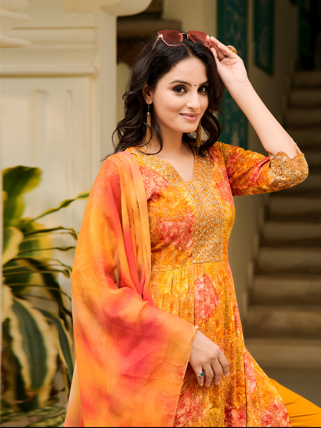 Nyra Cut Embroidered & Printed Kurta With Pant & Dupatta, Mustard - Hiral Fashion - Dista