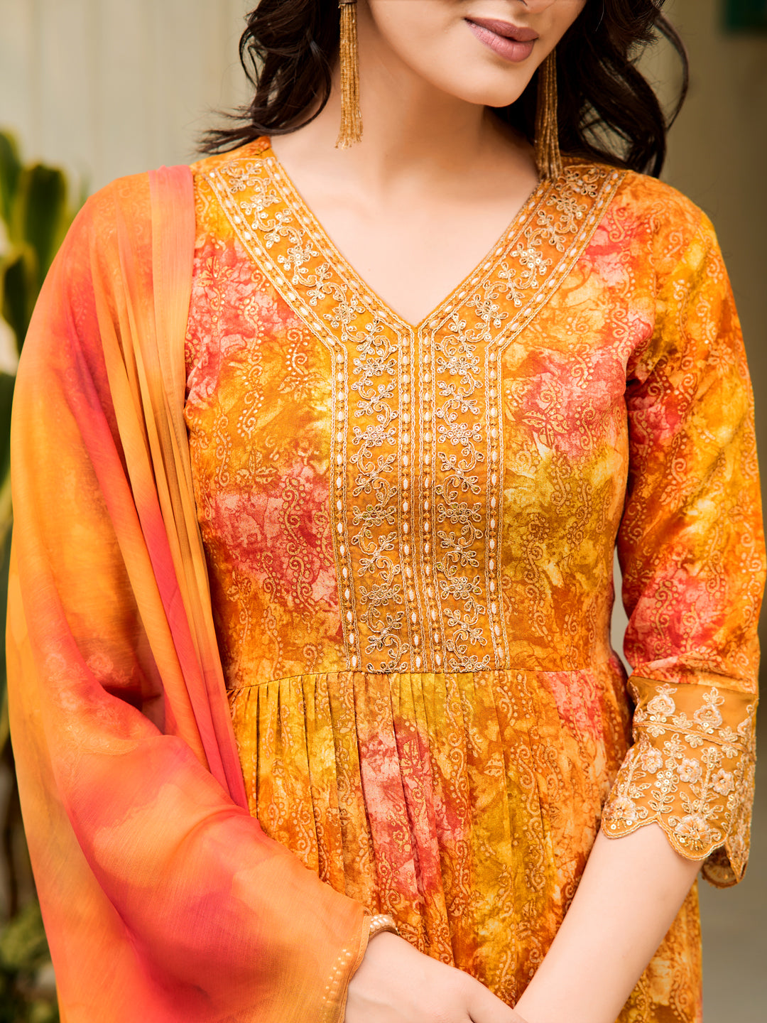 Nyra Cut Embroidered & Printed Kurta With Pant & Dupatta, Mustard - Hiral Fashion - Dista