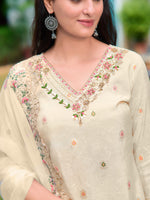 Thumbnail for Hand Embroidered Banarasi Jacqauard Kurta With Pant & Embroidered Organza Dupatta, Cream - Hiral Fashion - Distacart