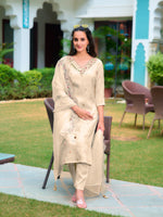 Thumbnail for Hand Embroidered Banarasi Jacqauard Kurta With Pant & Embroidered Organza Dupatta, Cream - Hiral Fashion - Distacart