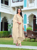 Thumbnail for Hand Embroidered Banarasi Jacqauard Kurta With Pant & Embroidered Organza Dupatta, Cream - Hiral Fashion - Distacart