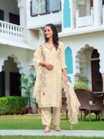 Thumbnail for Hand Embroidered Banarasi Jacqauard Kurta With Pant & Embroidered Organza Dupatta, Cream - Hiral Fashion - Distacart