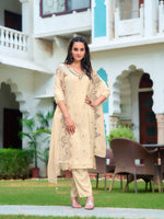Thumbnail for Hand Embroidered Banarasi Jacqauard Kurta With Pant & Embroidered Organza Dupatta, Cream - Hiral Fashion - Distacart