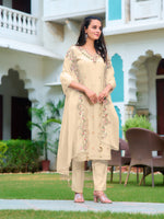 Thumbnail for Hand Embroidered Banarasi Jacqauard Kurta With Pant & Embroidered Organza Dupatta, Cream - Hiral Fashion - Distacart