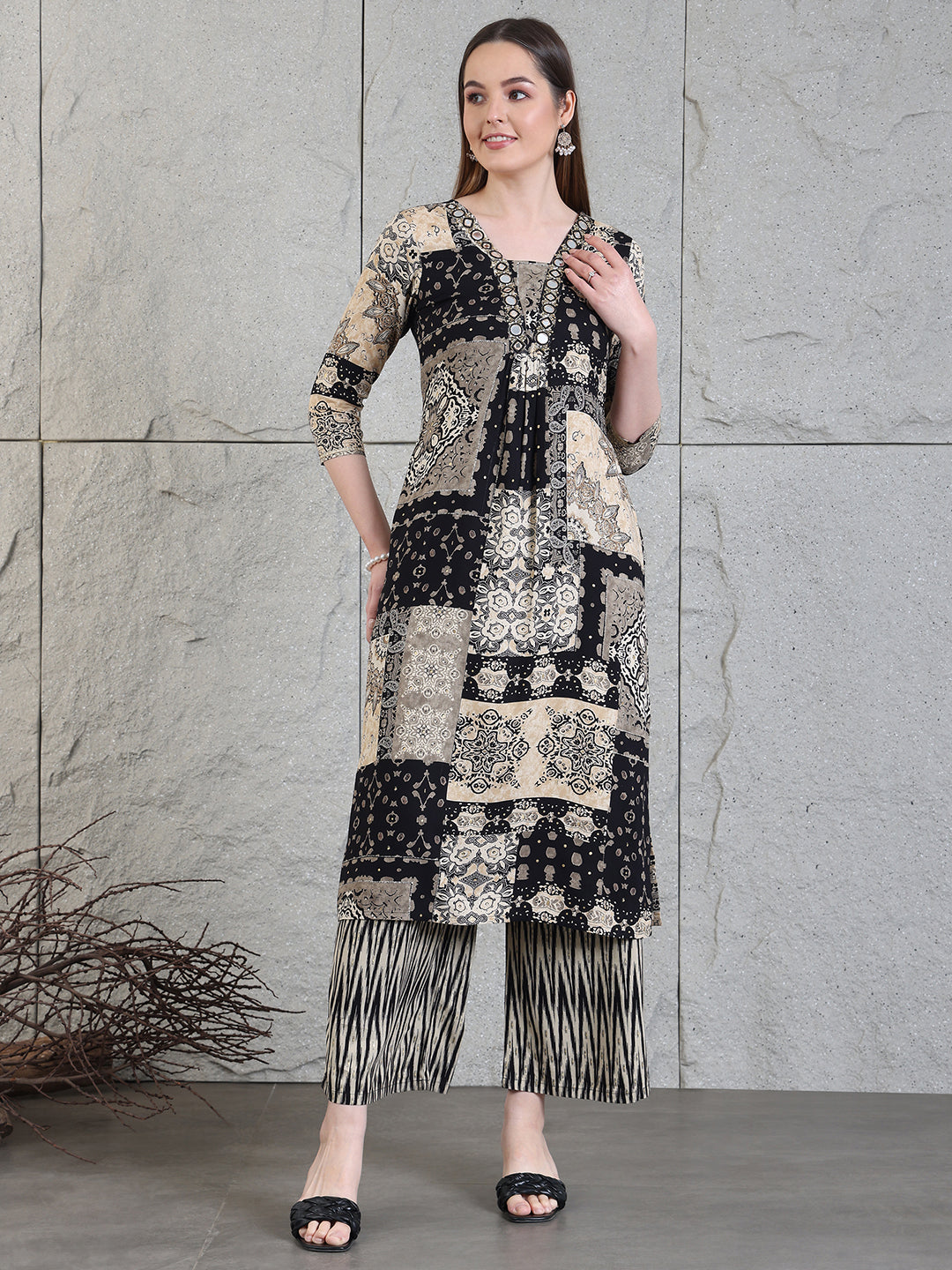 Hand Embroidered & Printed Kurta With Palazzo Pants, Black - Hiral Fashion