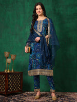 Thumbnail for Sequined Embroidered & Printed Kurta With Pant & Embroidered Dupatta, Blue - Hiral Fashion - Distacart