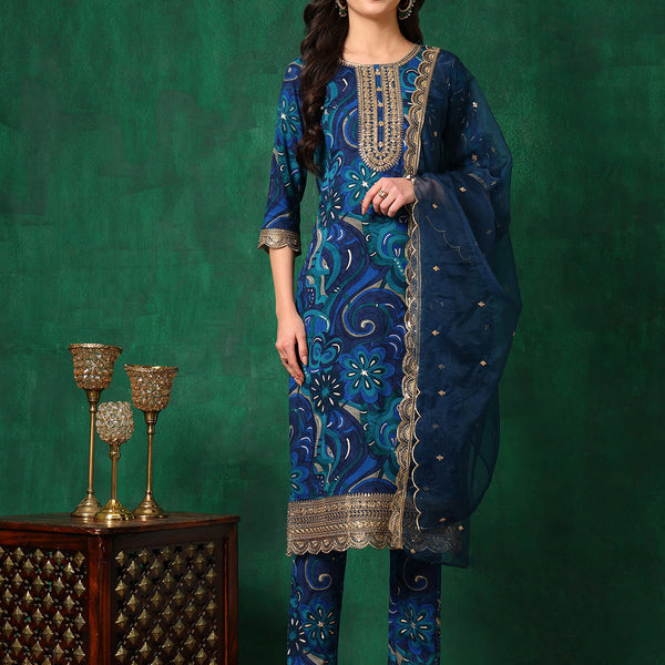 Sequined Embroidered & Printed Kurta With Pant & Embroidered Dupatta, Blue - Hiral Fashion - Distacart
