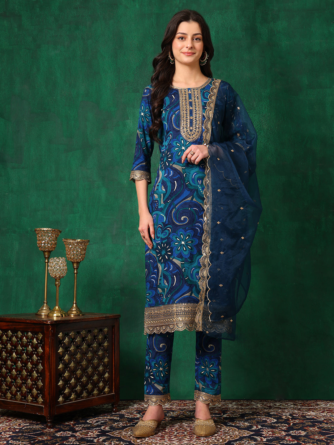 Sequined Embroidered & Printed Kurta With Pant & Embroidered Dupatta, Blue - Hiral Fashion