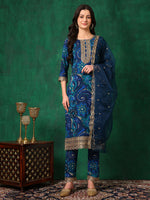 Thumbnail for Sequined Embroidered & Printed Kurta With Pant & Embroidered Dupatta, Blue - Hiral Fashion - Distacart
