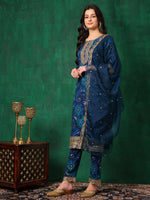 Thumbnail for Sequined Embroidered & Printed Kurta With Pant & Embroidered Dupatta, Blue - Hiral Fashion - Distacart
