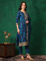 Thumbnail for Sequined Embroidered & Printed Kurta With Pant & Embroidered Dupatta, Blue - Hiral Fashion - Distacart
