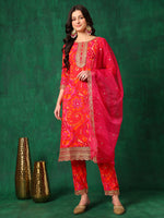 Thumbnail for Sequined Embroidered & Printed Kurta With Pant & Embroidered Dupatta, Pink - Hiral Fashion - Distacart