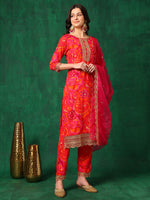 Thumbnail for Sequined Embroidered & Printed Kurta With Pant & Embroidered Dupatta, Pink - Hiral Fashion - Distacart