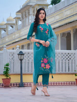 Thumbnail for Hand & Machine Embroidered Kurta With Pant & Embroidered Dupatta, Blue - Hiral Fashion - Distacart