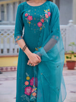 Thumbnail for Hand & Machine Embroidered Kurta With Pant & Embroidered Dupatta, Blue - Hiral Fashion - Distacart