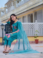Thumbnail for Hand & Machine Embroidered Kurta With Pant & Embroidered Dupatta, Blue - Hiral Fashion - Distacart