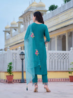 Thumbnail for Hand & Machine Embroidered Kurta With Pant & Embroidered Dupatta, Blue - Hiral Fashion - Distacart
