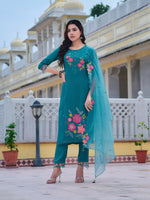 Thumbnail for Hand & Machine Embroidered Kurta With Pant & Embroidered Dupatta, Blue - Hiral Fashion - Distacart