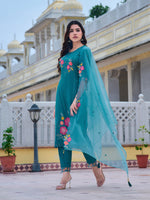 Thumbnail for Hand & Machine Embroidered Kurta With Pant & Embroidered Dupatta, Blue - Hiral Fashion - Distacart