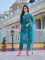 Thumbnail for Hand & Machine Embroidered Kurta With Pant & Embroidered Dupatta, Blue - Hiral Fashion - Distacart