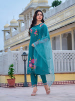 Thumbnail for Hand & Machine Embroidered Kurta With Pant & Embroidered Dupatta, Blue - Hiral Fashion - Distacart