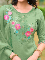 Thumbnail for Hand & Machine Embroidered Kurta With Pant & Embroidered Dupatta, Green - Hiral Fashion - Distacart