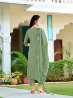 Thumbnail for Hand & Machine Embroidered Kurta With Pant & Embroidered Dupatta, Green - Hiral Fashion - Distacart